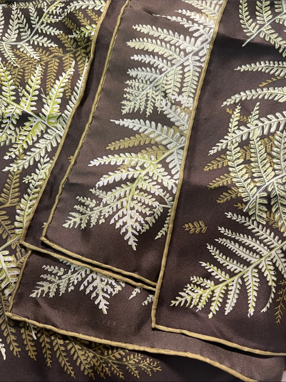 Holland & Holland Fern Print Silk Scarf — Brown with Green Ferns